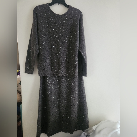 Zara set co-ord sequin knit sweater & midi skirt A-line taupe/brown sz M BNWT - Picture 4 of 13